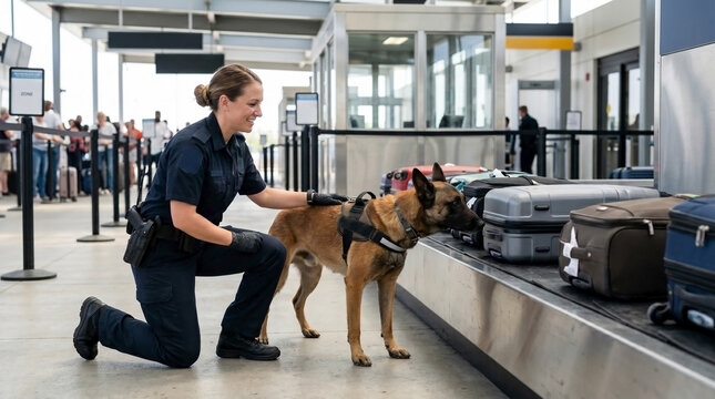 Customs officer with detection dog inspecting luggage at airport security checkpoint. Customs officer kneels beside trained dog to examine bags and facilitate safety procedures at busy airport.
