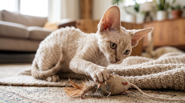 Devon Rex kitten playing with toy mouse on cozy living room rug. Playful Devon Rex kitten engages with soft plush toy mouse while surrounded by warm interior ambiance.
