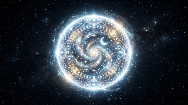 Glowing cosmic magic circle featuring ancient celestial runes and swirling nebula patterns floating within deep dark space with bright sparkling stars and vibrant light energy