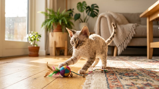 Devon Rex kitten playing with colorful toy on wooden floor in bright living room. Kitten interacts with feathered toy in sunlight streaming through windows. Ideal for pet-related marketing materials.