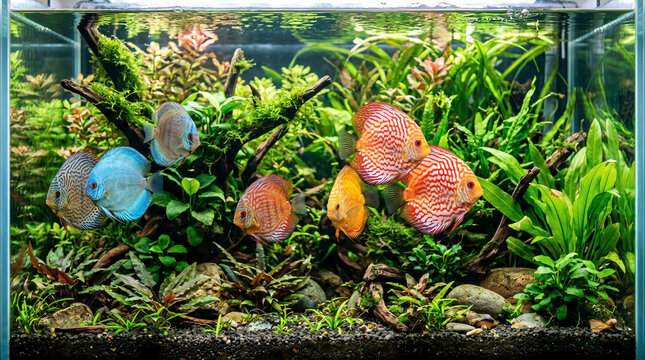 Discus fish swimming gracefully in lush aquarium with vibrant aquatic plants. Colorful discus fish exhibit stunning patterns and hues amidst natural greenery.