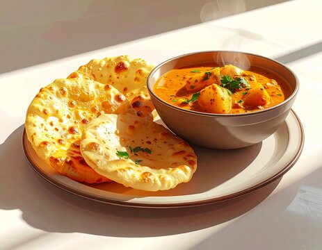 deep fried indian puri bread served in plate with potato curry in bowl