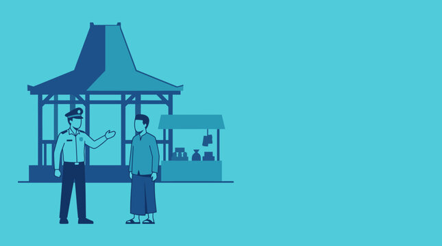 Minimal duotone flat vector illustration of an Indonesian security officer or police talking to a local man wearing a sarong in front of a traditional Javanese Joglo house and street food stall with c