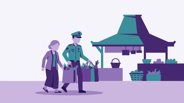 Minimal duotone flat vector illustration of a kind police officer helping an elderly woman carry grocery bags in a traditional Javanese market with copy space.