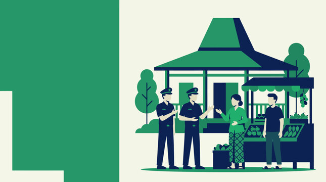 Minimal duotone flat vector illustration of police officers talking to a traditional Javanese woman in kebaya by a fruit stall in front of a Joglo house with copy space.