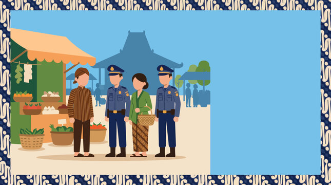 Indonesian traditional market scene vector illustration with Javanese people in custom clothes and security officers, flat design banner with copy space