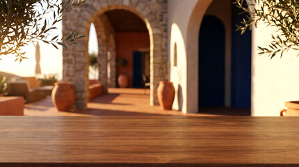 Fototapeta premium Empty wooden table for product display with blurred mediterranean patio and olive trees background at golden hour.