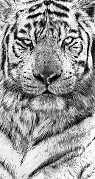 black-and-white digital illustration of the intense gaze of a  tiger, its fur rendered in fine detail with deep contrasts