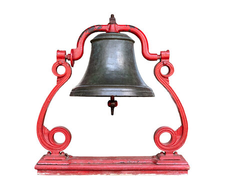 19th-century brass locomotive bell mounted on a decorative red cast iron yoke and base set on a transparent background PNG file 