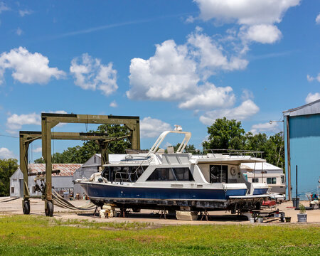 Houseboat in dry dock for repairs 