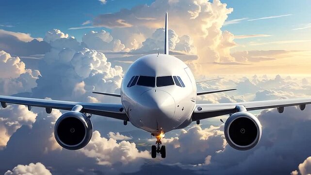 Commercial passenger airplane flying through majestic white clouds at sunset