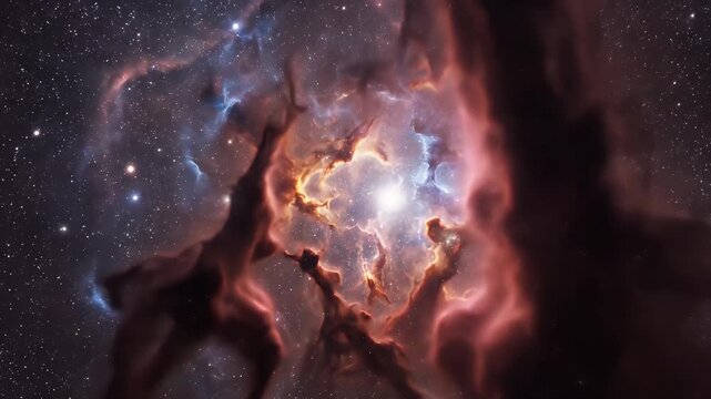 A vibrant, swirling nebula displays a brilliant core surrounded by intricate patterns of gas and dust against a backdrop of countless stars.