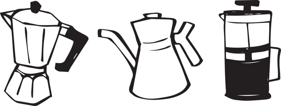 Coffee maker hand drawn moka pot, kattle outline