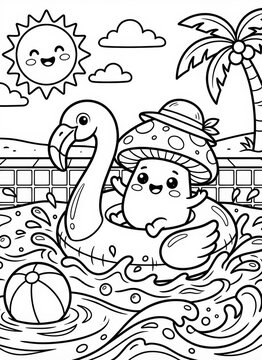 Cute mushroom character relaxes in a flamingo float on sunny water. Perfect for summer ads, kids books, or playful vacation designs.