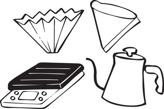 Coffee tools hand drawn outline kattle, paper filter, driper, scales
