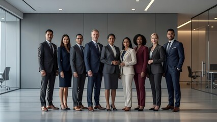 Fototapeta premium Diverse professional business team standing together in a modern office hallway, presenting a confident group portrait that highlights collaboration, leadership, inclusion, and corporate unity