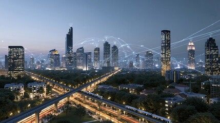 Fototapeta premium A stunning futuristic cityscape featuring advanced technology and modern urban infrastructure illuminated at dusk