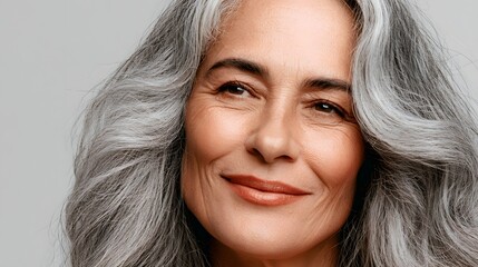 Fototapeta premium Woman with natural gray hair, smiling softly at camera