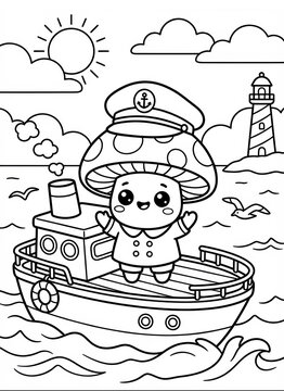 Cute mushroom character sails a small boat across gentle sea waves. Perfect for childrens books, nursery decor, or playful educational designs.