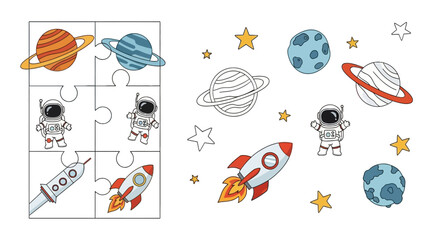 Space themed puzzle and icons with astronauts and rockets © Muzamil