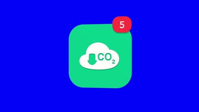 A 3D carbon dioxide CO2 cloud with a decrease arrow eco sustainability environment notification icon popping up and rotating on a blue screen chroma key background with a red number counter animation.