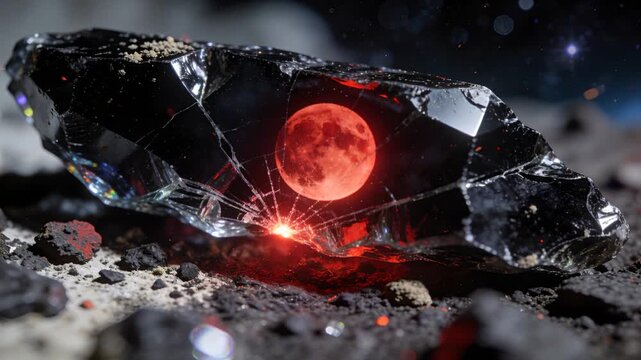 Cracking shard breaking from bright point arising on ground, ejecting sparks and revealing red moon