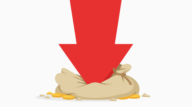 Dramatic giant red downward arrow crushing a bag of money on a clean background, flat vector illustration symbolizing economic crisis, financial loss, inflation, and market crash concepts.