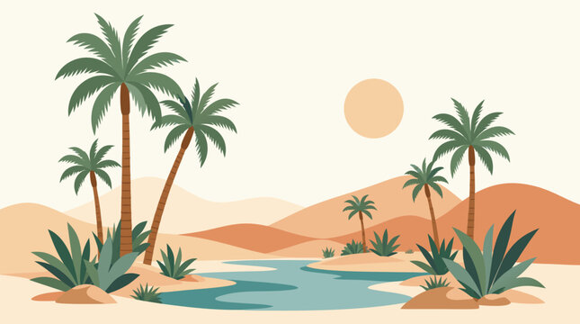 Stunning abstract desert oasis landscape with tall green palm trees and golden sand dunes, flat vector illustration of a tropical paradise in a dry arid climate for travel and nature themes.