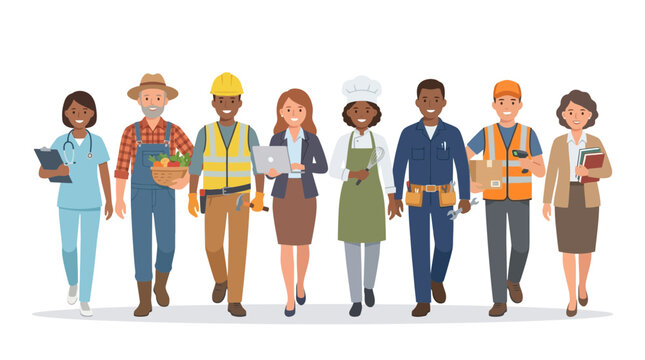 Diverse group of people of different professions walking forward vector illustration of various occupations, careers, and jobs
