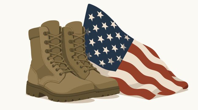 American military boots placed respectfully next to a waving United States flag, patriotic flat vector illustration celebrating veterans day and memorial day honors for brave service members.