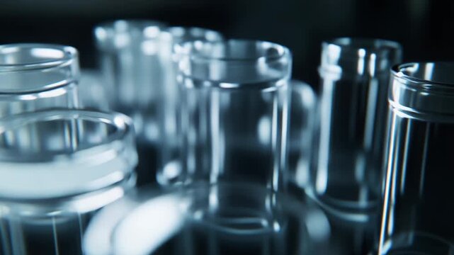 Empty clear glass test tubes standing in a laboratory setting, prepared for medical research, chemical analysis, health studies, and pharmaceutical development