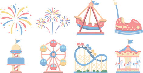 Fototapeta premium Cute Pastel Amusement Park Rides and Carnival Elements Vector Clipart Set