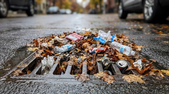 A storm drain grate is shown clogged with trash, debris, and autumn leaves, illustrating urban pollution and blocked water flow. The close-up scene highlights environmental waste.