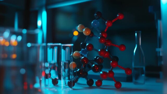 Molecular model with colorful atoms and connecting bonds standing next to glass test tubes in a dimly lit laboratory, symbolizing scientific research, biotechnology, and chemical analysis