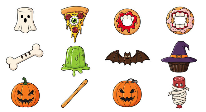 Cute Halloween dessert and food monster cartoon icon collection.