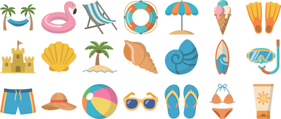 Flat Summer Beach Vacation Elements Vector Icon Clipart Set © Seulgi