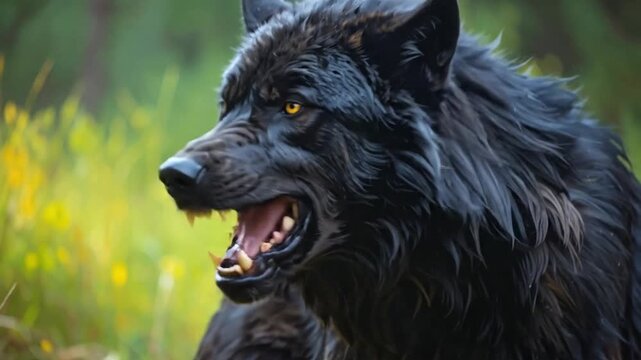 A fierce black wolf stares intensely with glowing yellow eyes
