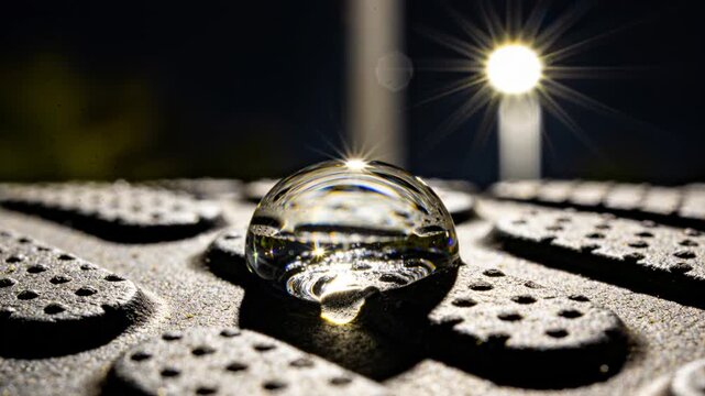 Shifting clear water droplet forming tiny bead under point light and subtle movement on sole