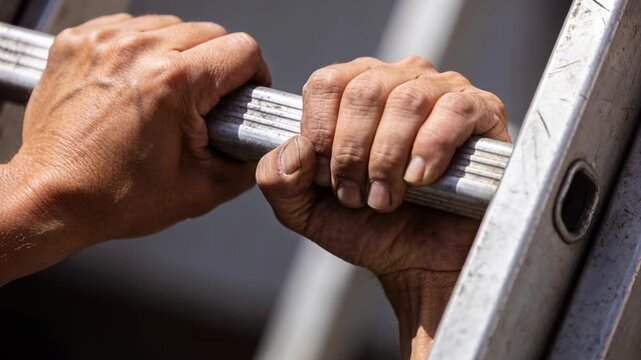 Gripping callused hands appearing, adjusting hold on metal ladder rung outside, steadying for work
