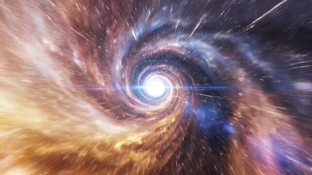 A vibrant and swirling cosmic vortex dominates the image, surrounded by a field of stars and nebulous clouds, creating a breathtaking view of deep space.