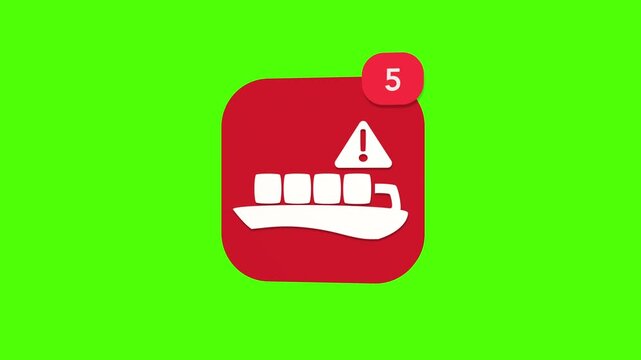 A 3D cargo container ship with an emergency warning alert symbol shipping ban custom embargo notification icon popping up and rotating on a green screen chroma key background with a red number counter