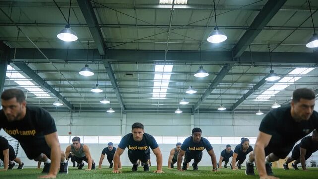 Doing push-ups man in black tee with yellow bootcamp logo, coach signaling for training on turf