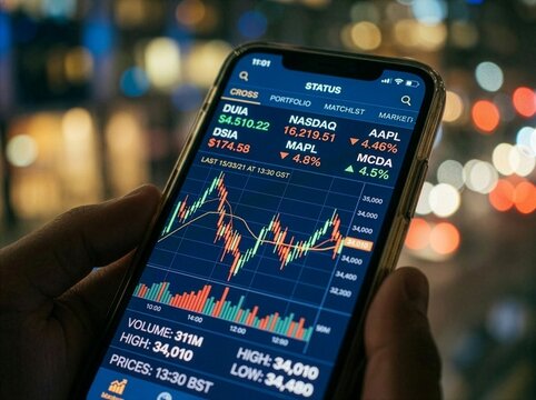 Graphic of investment graph, financial results, technology and shares.