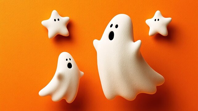 Vibrant orange background Halloween illustration with four stylized white ghosts, star-shaped and fluid ghost silhouettes with black facial features, opposite viewing directions, cute minimalist spook