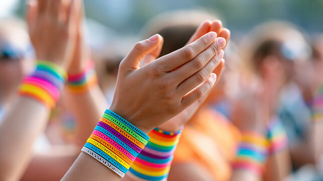 Anonymous hands wearing colorful rainbow silicone bracelets clapping and celebrating at a vibrant music festival or pride event, community support concept, faceless, defocused,