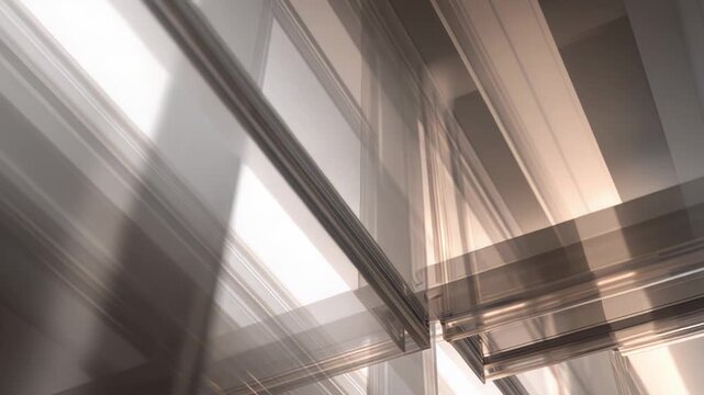 Abstract architecture of transparent glass panels creating geometric patterns and reflecting light, forming a complex modern structure with clean lines and a sense of depth