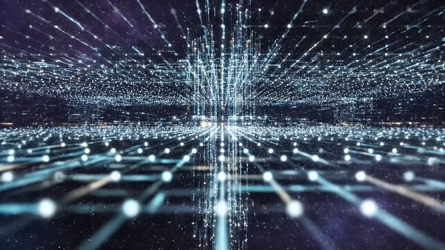 A mesmerizing abstract digital artwork depicts a network of interconnected nodes and lines converging towards a central point, creating a sense of depth and futuristic technology.