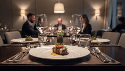 Fototapeta premium Business dinner table captured midshot showing neatly arranged plates polished silverware and subtle ambient lighting with a shallow depth of field emphasizing the main course.