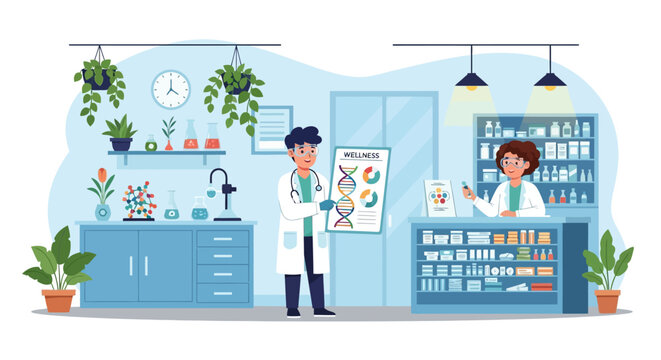Two scientists in a laboratory discussing DNA research.