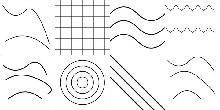 Set of Minimalist Black and White Linear Geometric Patterns and Abstract Wave Shapes